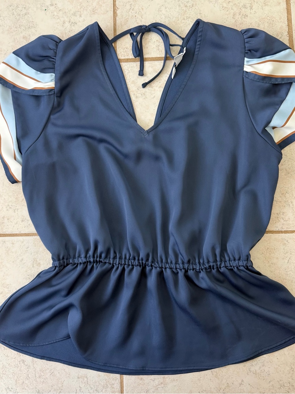 Nine West Navy Women’s One-Piece with Puff Sleeve Stripe Detail and peplum